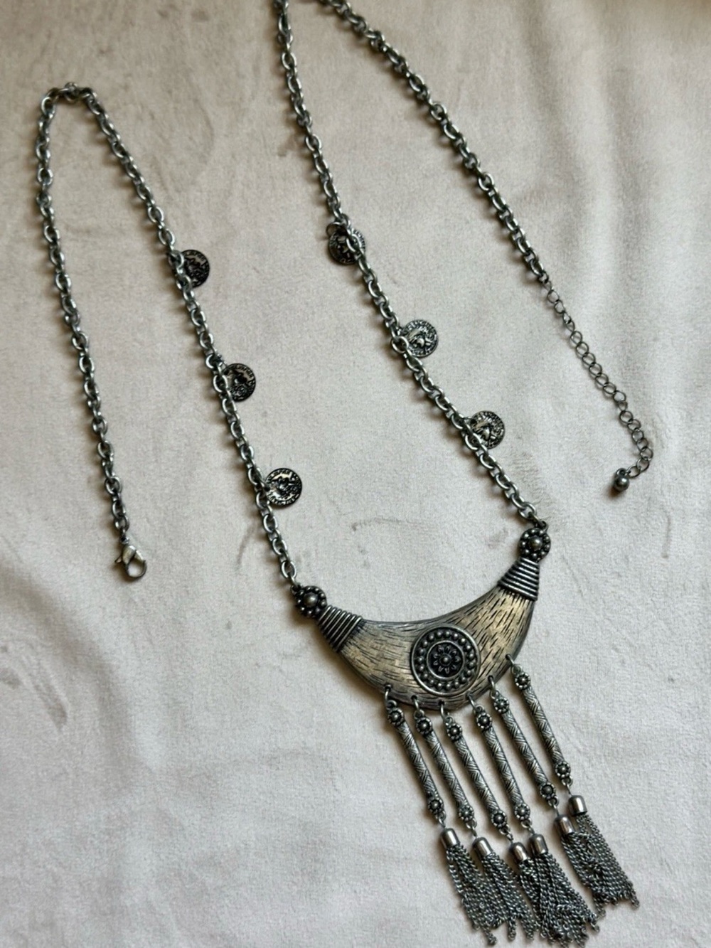 American Eagle Outfitters Antique Silver Fringe Coin Pendant Necklace